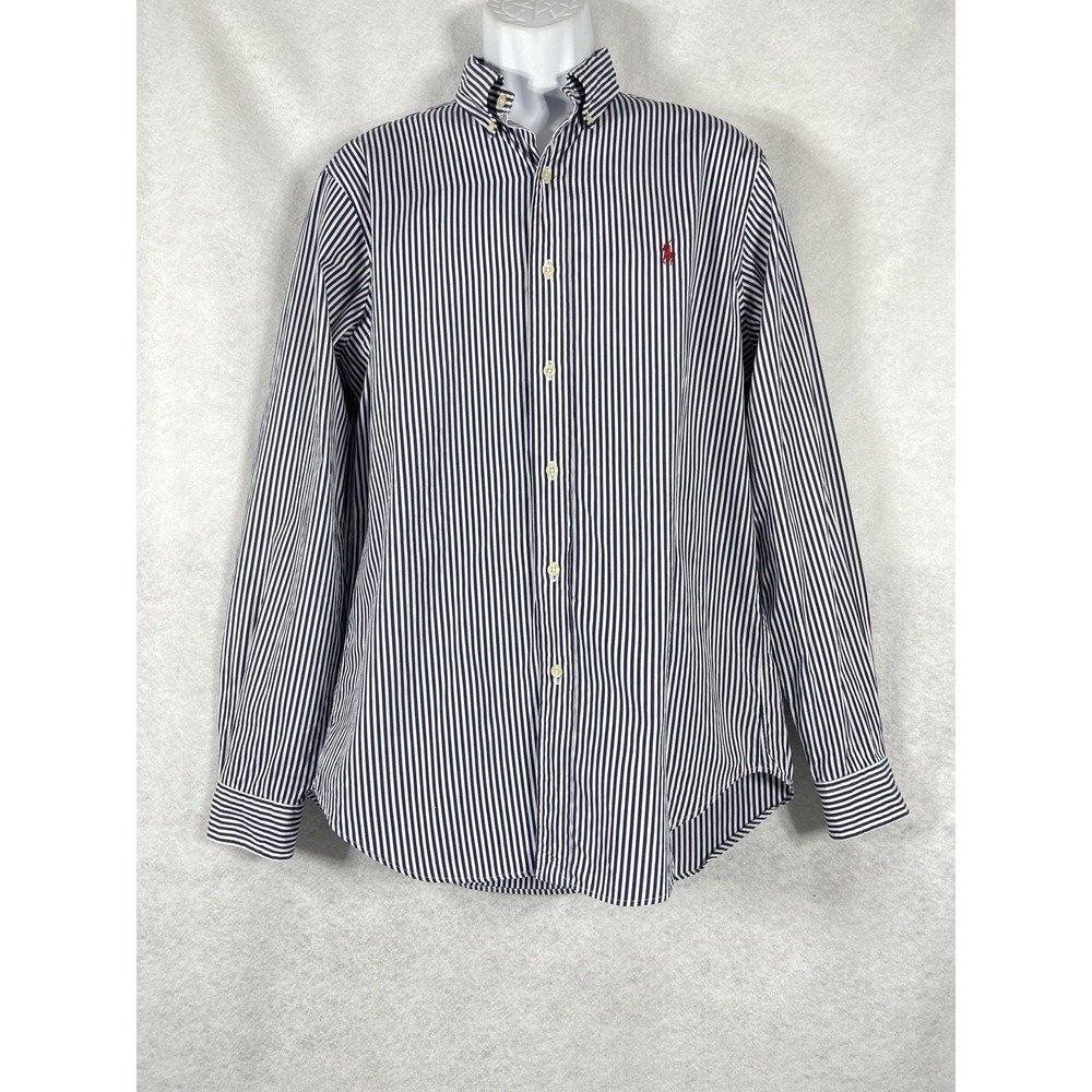 Vintage Polo Ralph Lauren Shirt Mens 15.5 M Blue White Button Down Long Sleeve‎